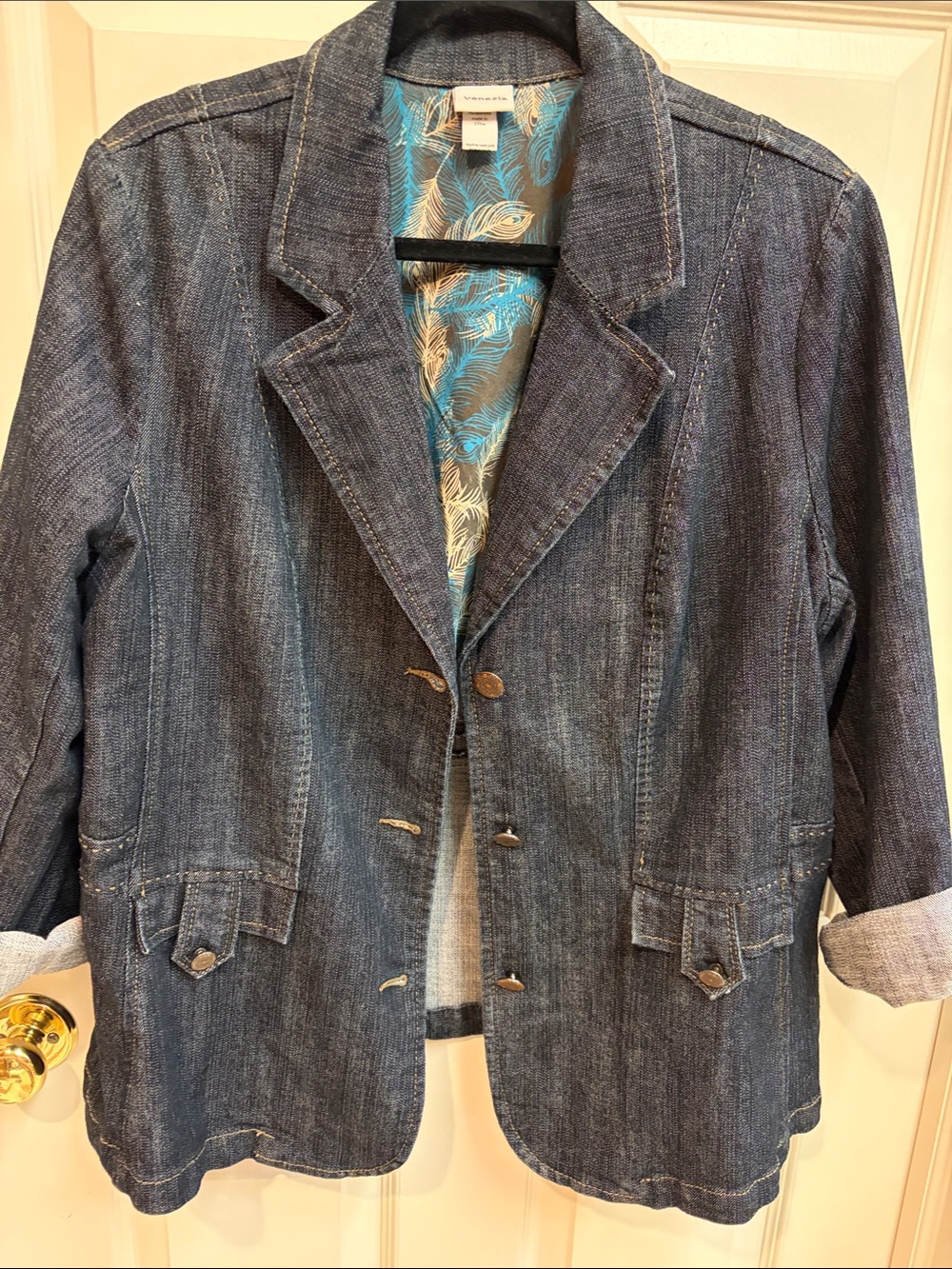 Venezia Dark Blue Denim Blazer with Feather-Print Lining& Princess Seams - Picture 8 of 8